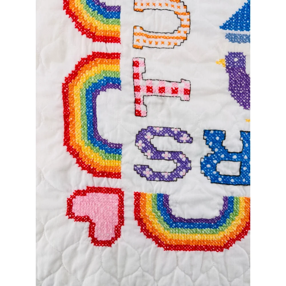 Handmade Cross Stitched Baby Blanket Throw Rainbow ABC Vintage 1994 Nursery
